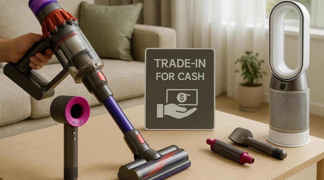 Dyson 吸塵器、吹風機與清淨機回收展示，桌上擺放配件