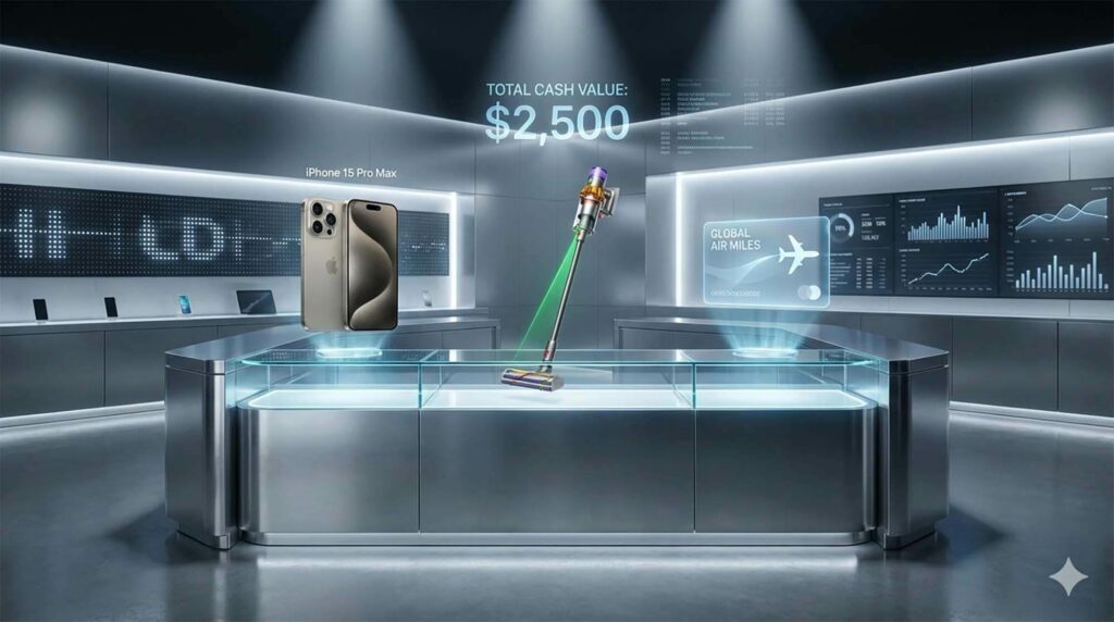 科技感十足的收購櫃台上，陳列著一支 iPhone、一台 Dyson 吸塵器與一張虛擬的華航哩程卡，背景顯示資金累加的數據，象徵全方位變現 / High-tech buyback counter displaying an iPhone, a Dyson vacuum, and a virtual China Airlines mileage card, background showing accumulating fund data, symbolizing all-around cash out.