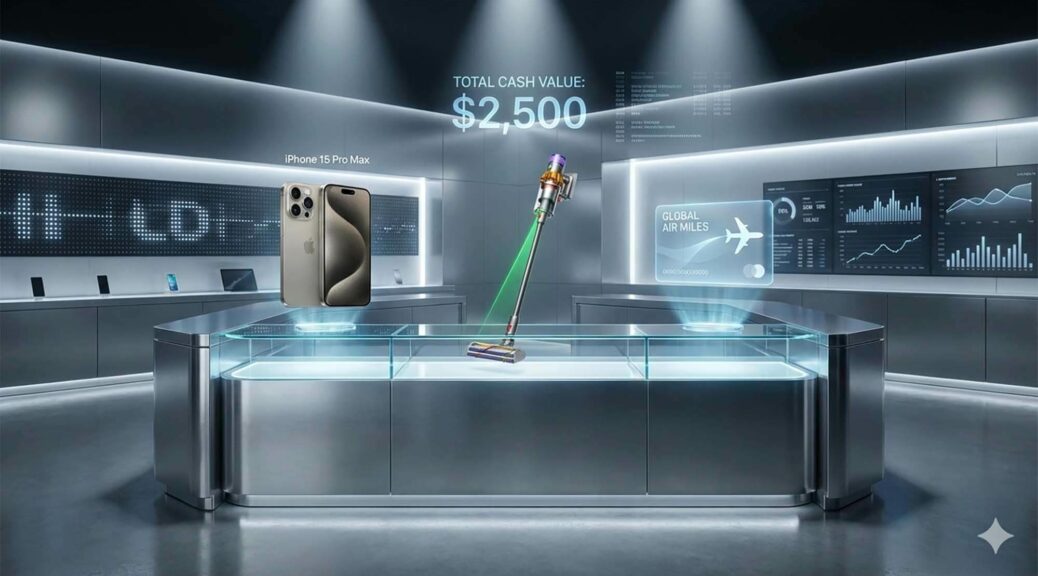 科技感十足的收購櫃台上，陳列著一支 iPhone、一台 Dyson 吸塵器與一張虛擬的華航哩程卡，背景顯示資金累加的數據，象徵全方位變現 / High-tech buyback counter displaying an iPhone, a Dyson vacuum, and a virtual China Airlines mileage card, background showing accumulating fund data, symbolizing all-around cash out.